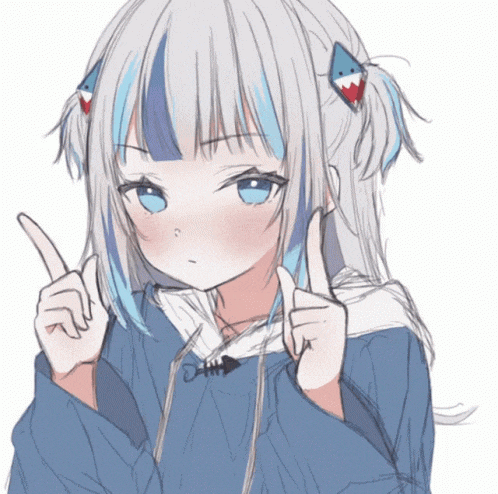 a drawing of a girl with white hair and blue eyes pointing up