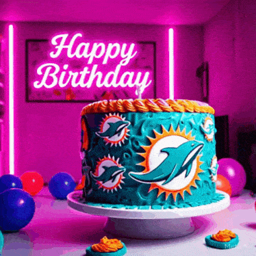 a miami dolphins birthday cake with a neon sign that says happy birthday