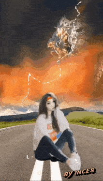 a girl is sitting on the side of the road with a dragon flying in the background