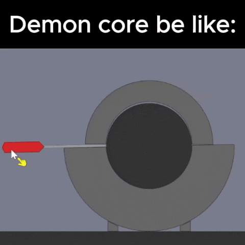 a cartoon of a blue object with the words demon core be like on the bottom