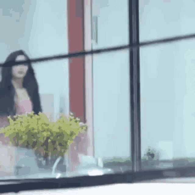 a woman is standing in front of a window with a plant in a vase .