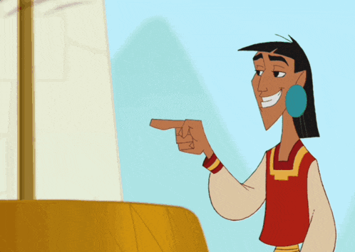 a man and a woman are standing next to each other and the woman is pointing at the man