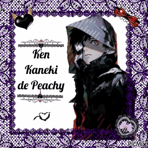 a picture of ken kaneki de peachy with a purple and white frame