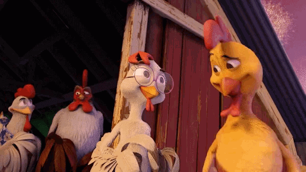 a group of cartoon chickens are standing in front of a barn