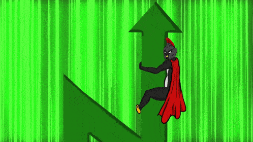 a cartoon penguin with a red cape is climbing up a green arrow