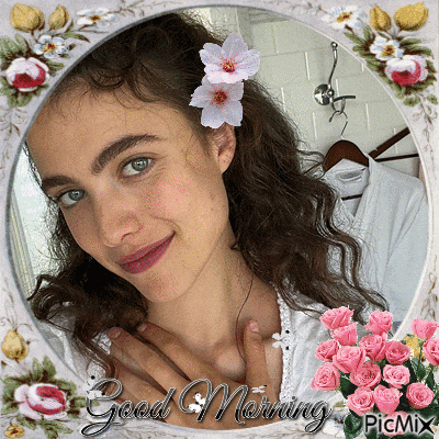 a woman with a flower in her hair is surrounded by pink roses and says good morning