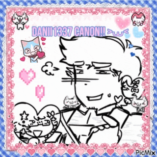 a black and white drawing of danii1337 canon surrounded by hearts