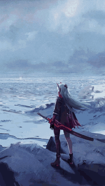 a painting of a girl with horns holding a sword in front of a body of water