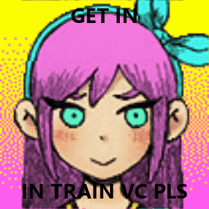 a picture of a girl with purple hair and blue eyes with the words get in in train vc pls