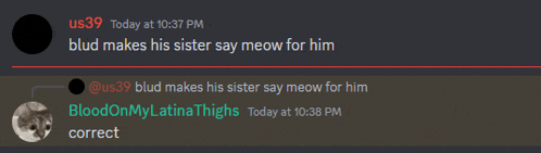 a screenshot of a discord conversation between us39 and bloodonmylatina thighs
