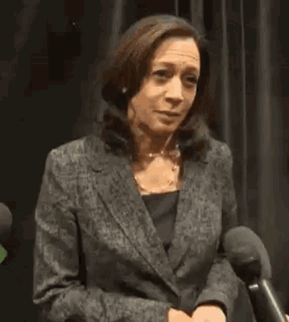 a woman in a suit is standing in front of a microphone .