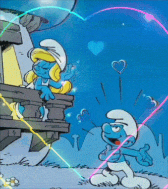 a smurf standing next to a girl on a balcony with hearts around them