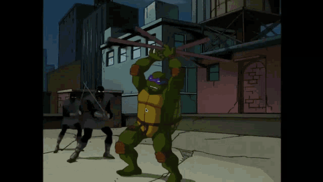two teenage mutant ninja turtles are fighting in a cartoon