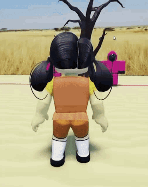 a cartoon character is wearing headphones and standing in front of a field .