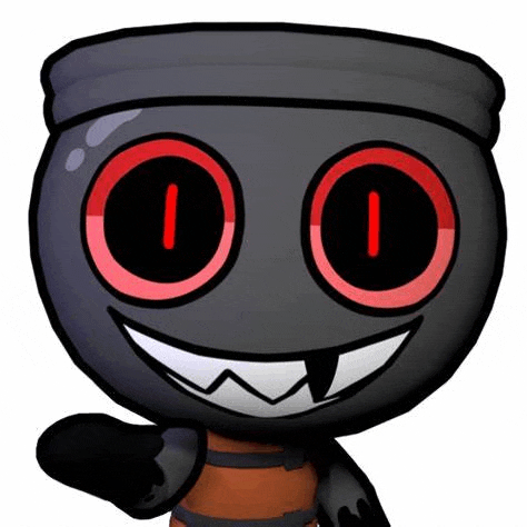 a cartoon character with red eyes and sharp teeth is smiling .