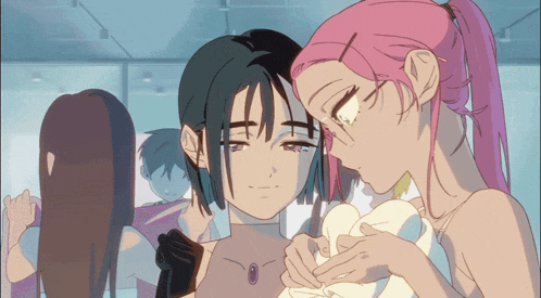 a drawing of a girl with pink hair looking at another girl