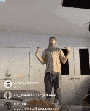 a man in a tan shirt is dancing in a room with other people including angelafternoon and leo.130k