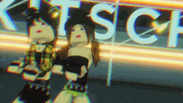 two girls are dancing in front of a sign that says tisch