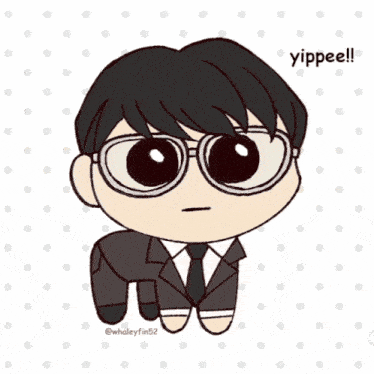 a cartoon drawing of a man in a suit and tie with the words yippee on the bottom
