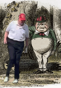 a man wearing a red hat is standing next to a cartoon character with a badge that says ' peace ' on it