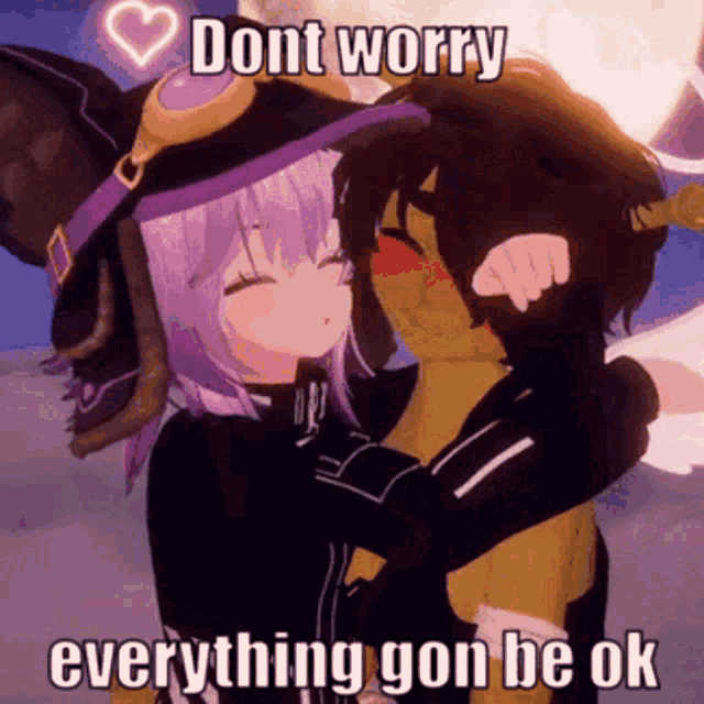 a couple of anime characters hugging with the words " dont worry everything gon be ok " written on the bottom