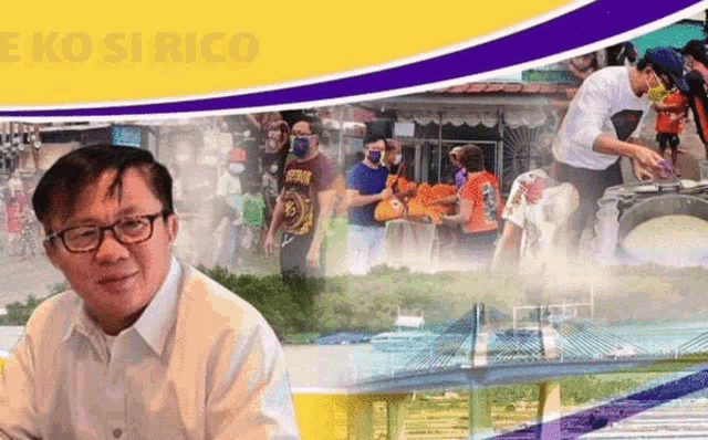 a man wearing glasses stands in front of a yellow and purple banner that says " eko si rico " on it