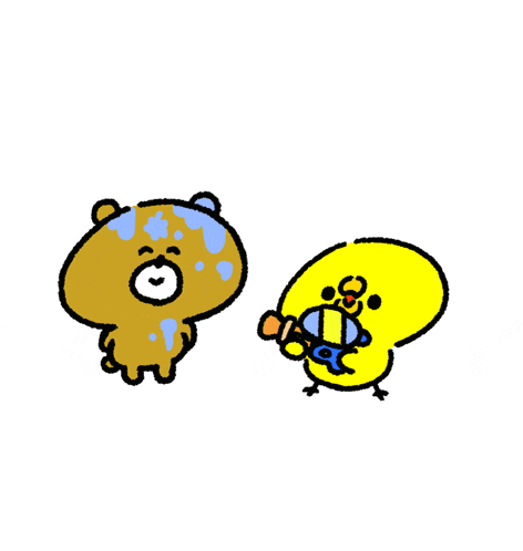 a cartoon of a bear and a chick playing with water guns