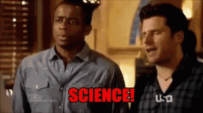 two men are standing next to each other and one of them is saying science !