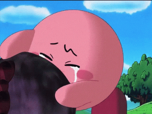 a pink cartoon character is crying with the number 5 on its face