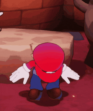 a cartoon character with a red hat and white gloves is standing in front of a brick wall