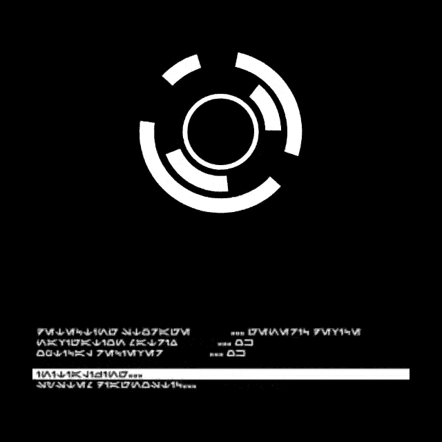 a white circle on a black background with a lot of writing on it