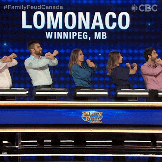 a group of people are dancing in front of a sign that says lomonaco