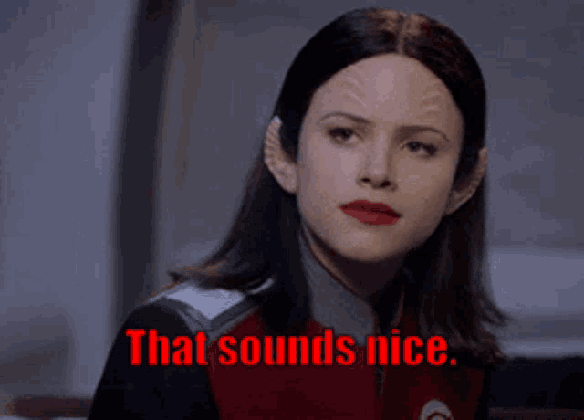 a woman in a red jacket with the words that sounds nice below her