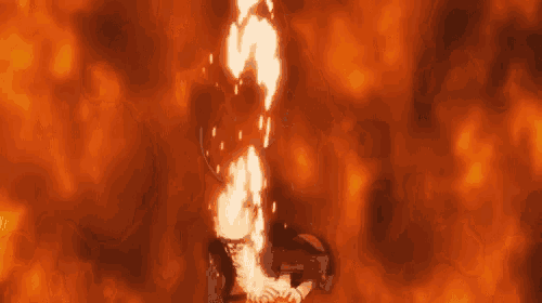 a cartoon character is standing in front of a fire with a flame coming out of his chest .