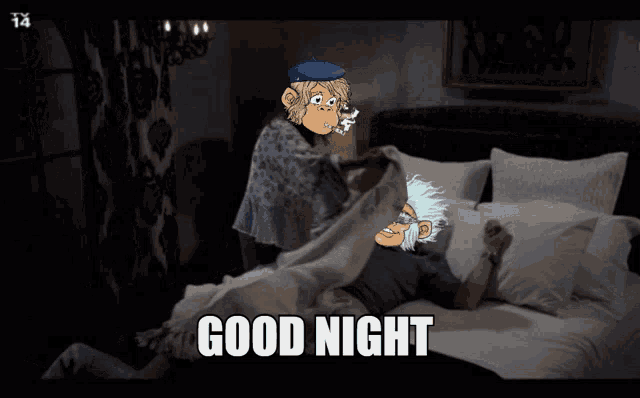 a cartoon of a woman pillow fighting a man on a bed with the words good night written on the bottom