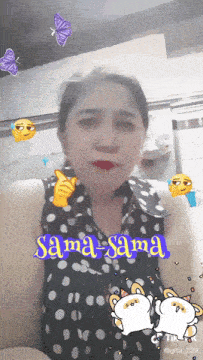 a woman in a black and white polka dot shirt is surrounded by stickers and the words sama sama