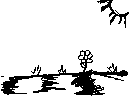 a black and white drawing of a stick figure walking in a puddle next to a flower .