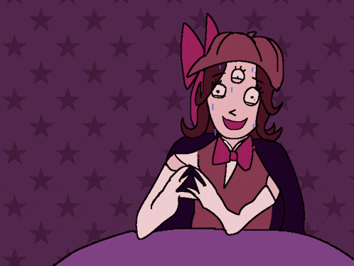 a cartoon drawing of a woman with three eyes on a purple background