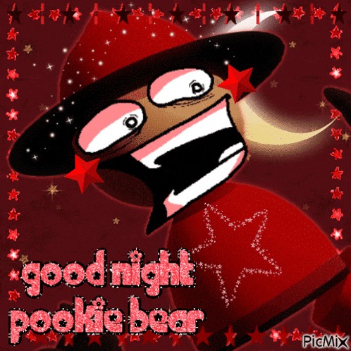a cartoon character says good night pookie bear on a red background
