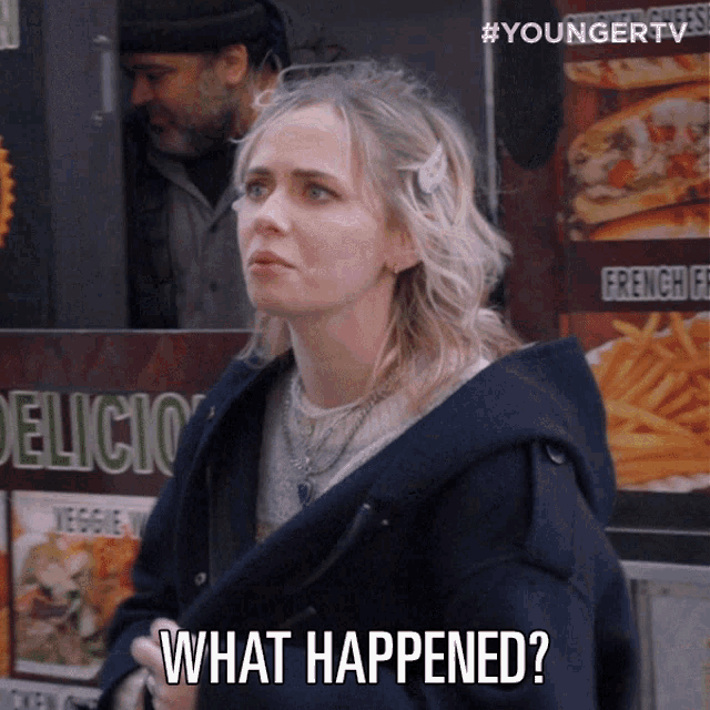 a woman standing in front of a food truck with the words what happened