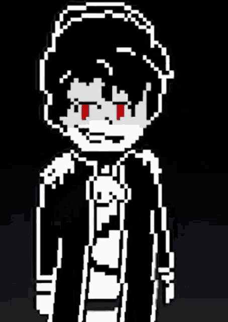 a pixel art of a boy with red eyes and black hair