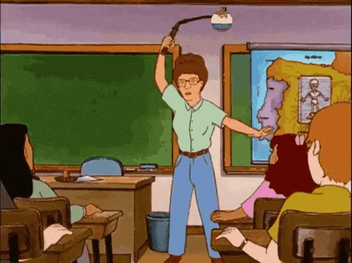 a cartoon of a man in a classroom holding a light