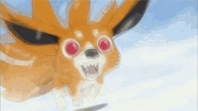 a cartoon dog with red eyes and sharp teeth is running in the snow .