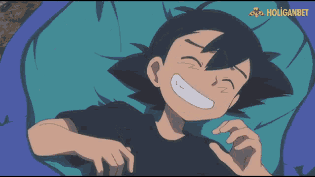 a cartoon of a boy and a pikachu with the words holiganbet on the bottom right