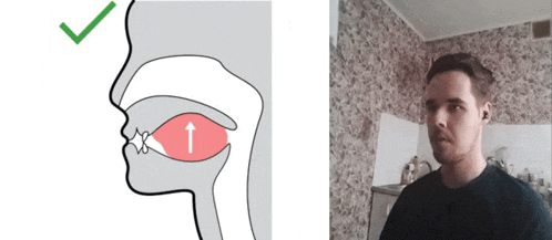 a drawing of a man 's mouth with an arrow pointing up and a check mark next to it