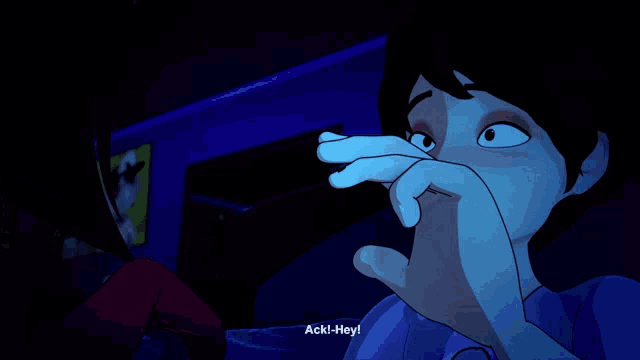 a cartoon character says ack-hey in a blue room