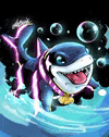 a cartoon shark is swimming in the ocean with bubbles .