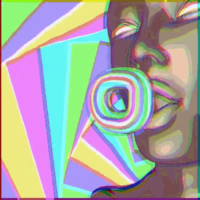 a painting of a woman blowing a rainbow colored bubble