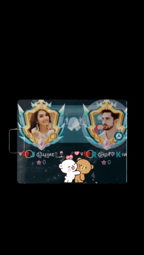 a man and a woman are standing next to each other on a screen with a sticker of a teddy bear