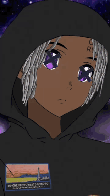 a drawing of a person wearing a black hoodie that says no one knows what 's on